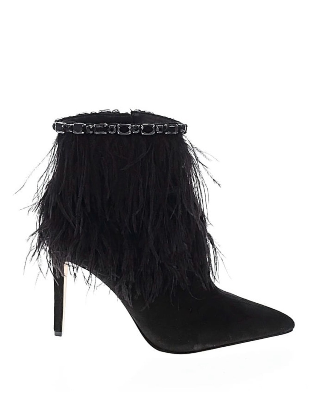Jessica Simpson Black Feather Trim Stiletto Ankle Boot with Jeweled Band